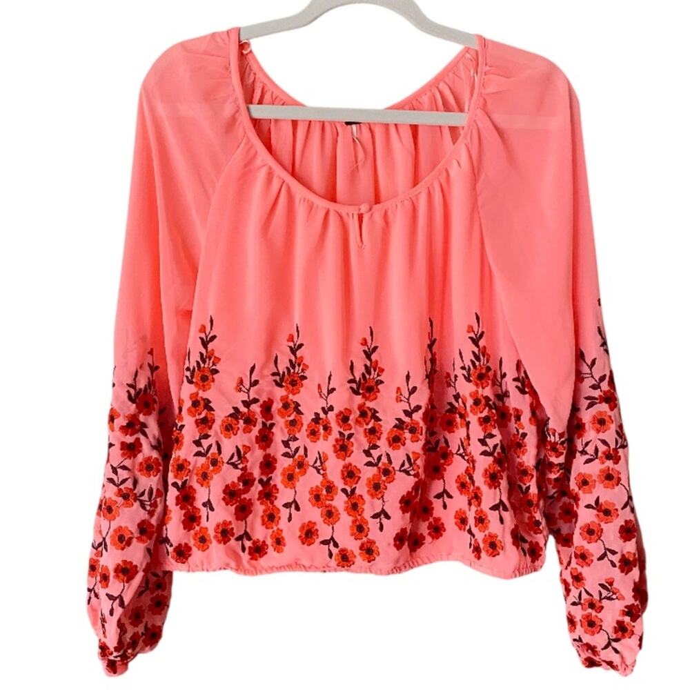 Free People | Floral Embroidered Peasant Blouse Top Bohemian Neon Pink Medium